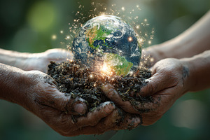 Hands holding Earth soil glowing glo, a Photo by Pixeness Studio