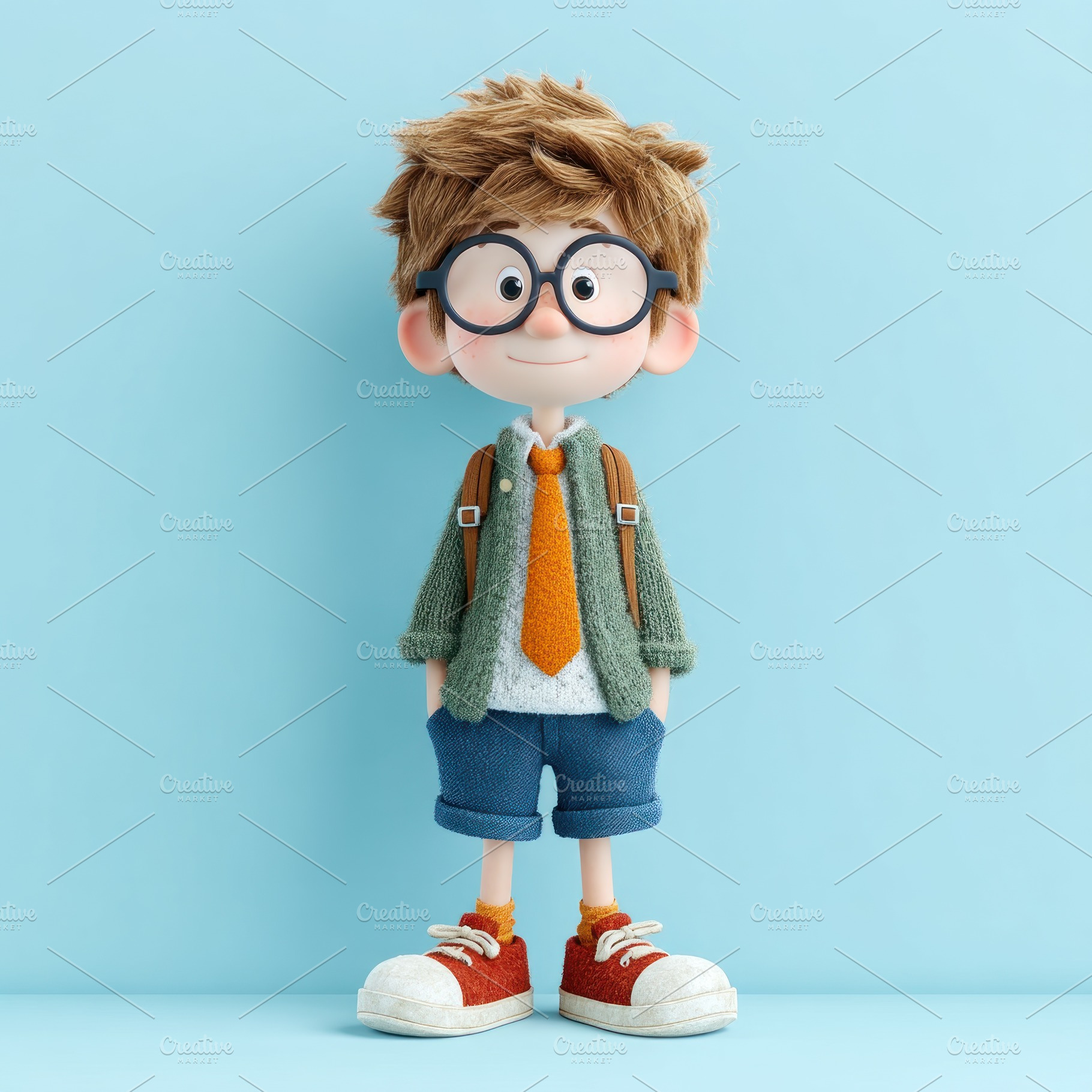 Smiling cartoon schoolboy with glasses and orange tie standing c, a Person Photo by José Manuel Gelpi