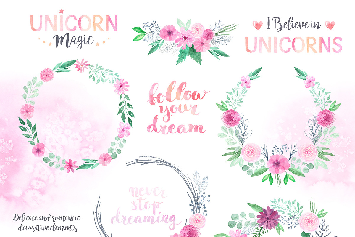 Watercolor Unicorn Design Set, a Decorative Illustration by LarysaZabrotskaya (Photo 5 of 10)