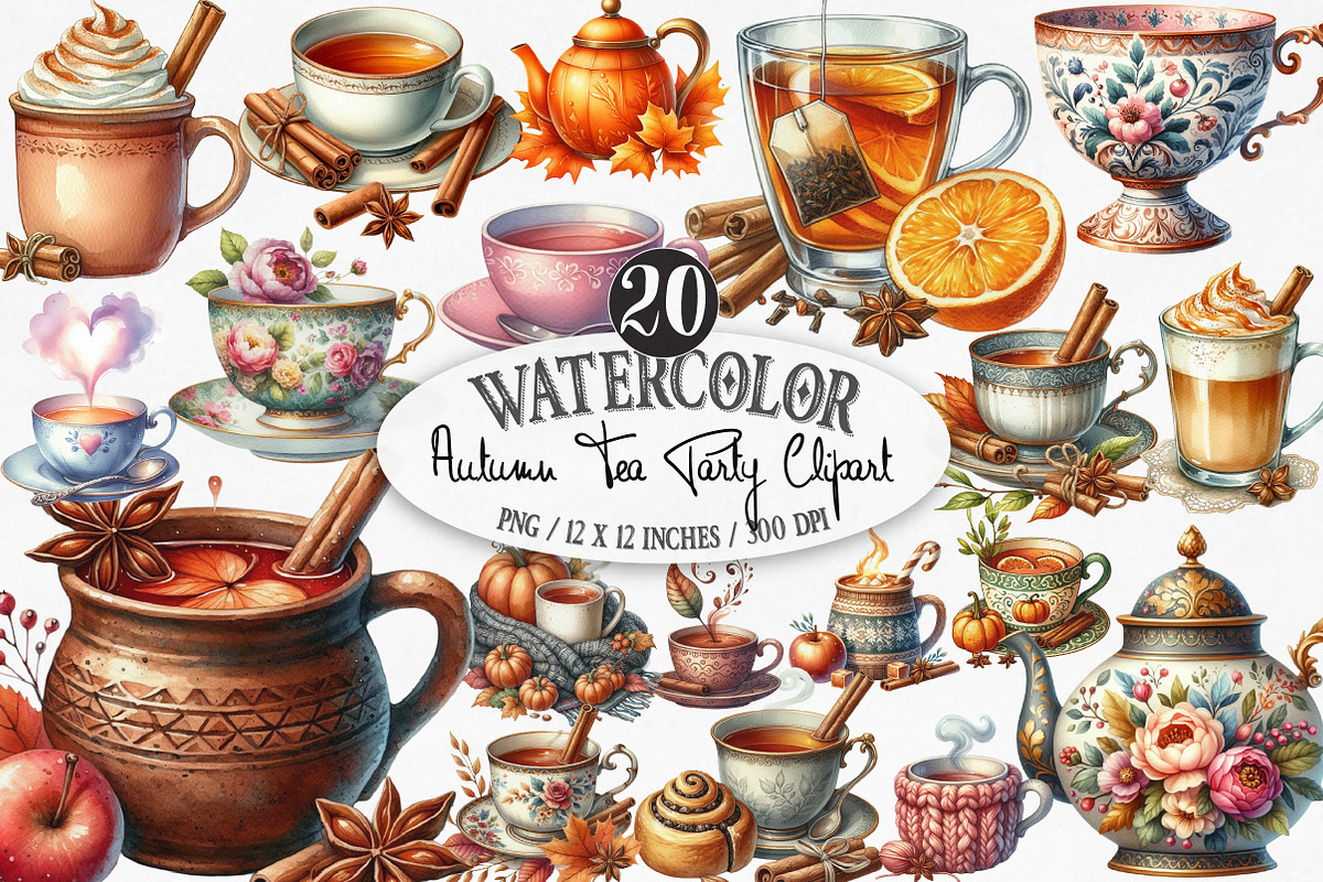 Watercolor Autumn Tea Party Clipart, an Illustration by Designking (Photo 1 of 4)