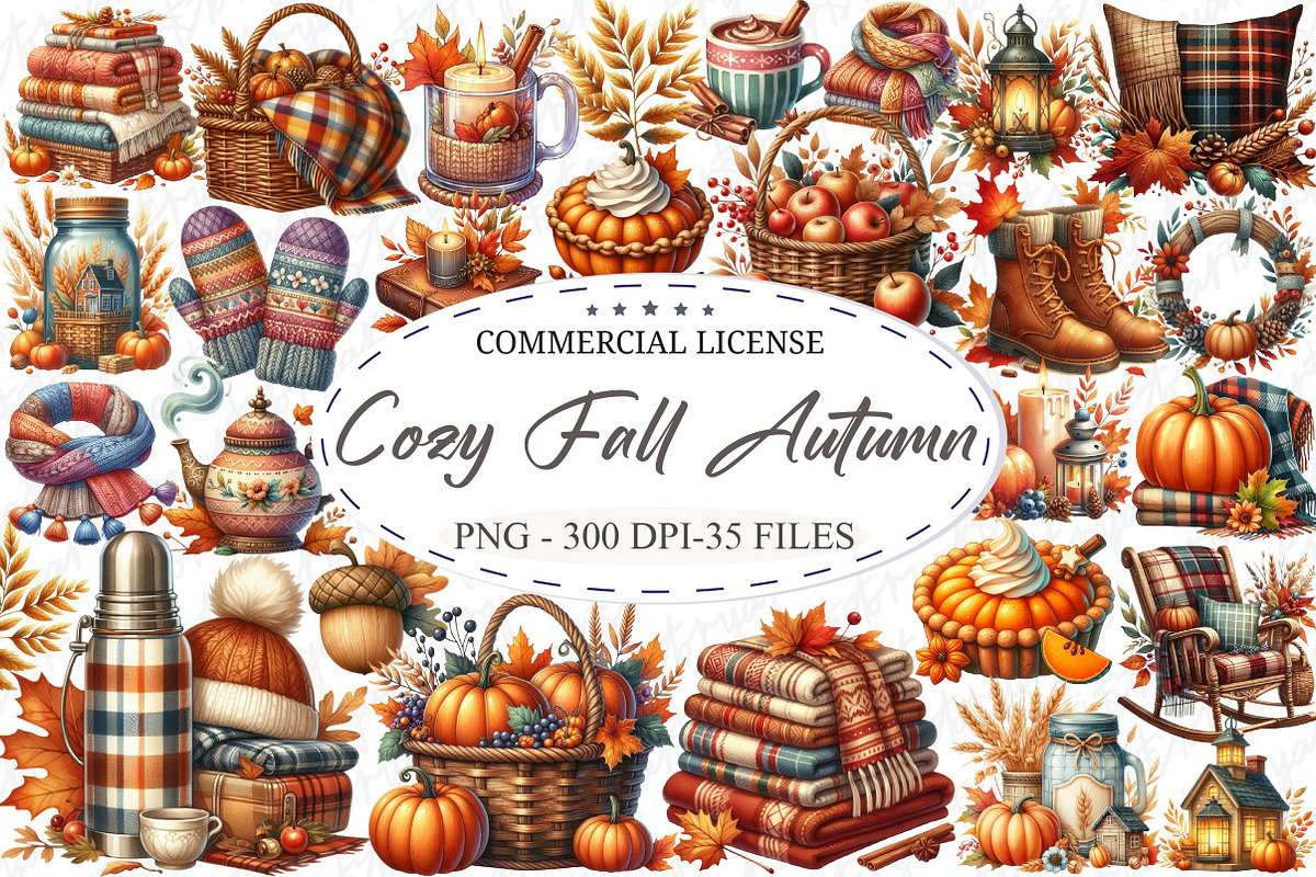 Cozy Fall Autumn Watercolor Clipart, an Illustration by designcity5 (Photo 1 of 5)