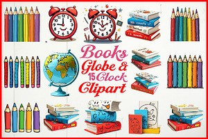 Books, Globe & Clock Clipart, an Object Graphic by Gfx_Store