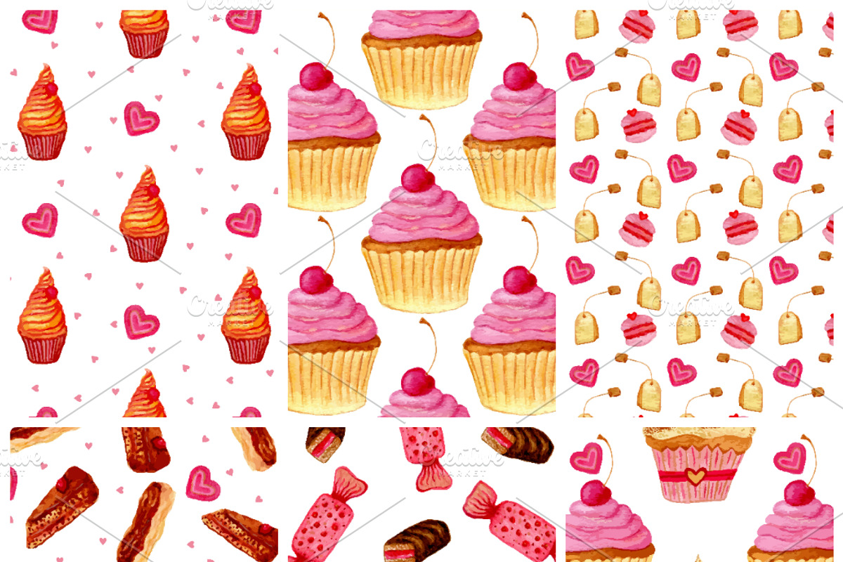Watercolor sweets. Patterns. Vector, a Decorative Illustration by inkionia♥ (Photo 2 of 4)