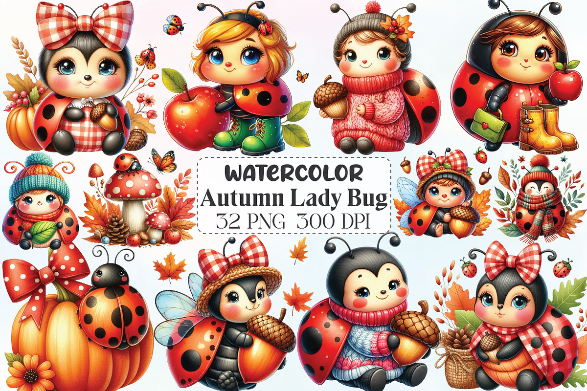 Cute Cartoon Autumn Ladybug Clipart, an Illustration by CraftArtStudio (Photo 1 of 6)
