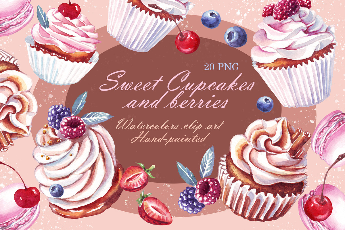 Watercolor cupcakes, berries, PNG, a Food Illustration by Alena Kurian (Photo 3 of 3)