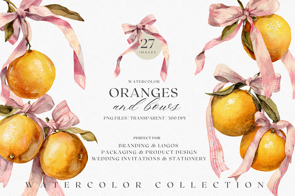 Watercolor Oranges and Bows, a Decorative Illustration by ThaismotaCreativeCo (Photo 1 of 10)