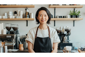 Asian female barista smiling behind, a Person Photo by Sergey Kotenev