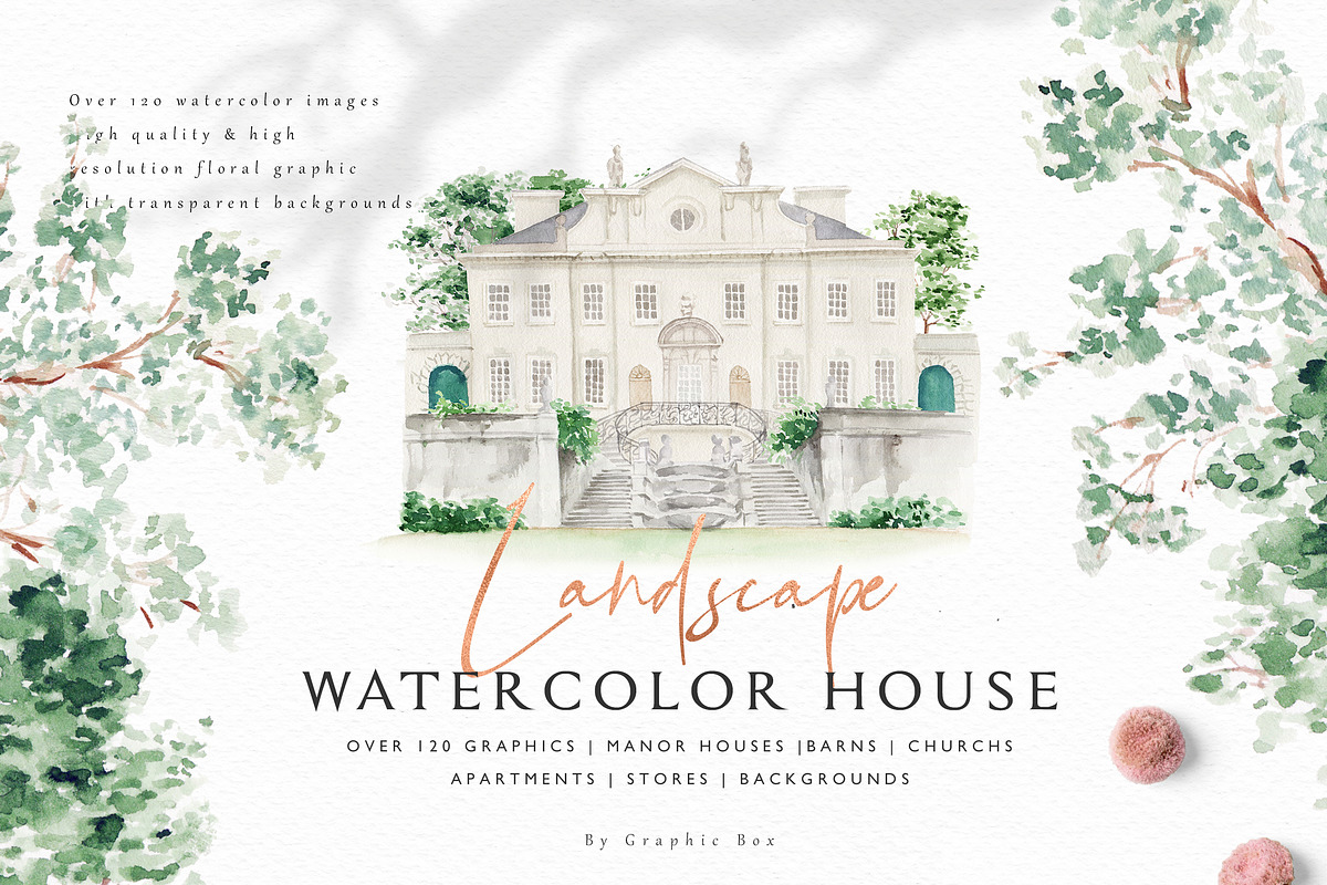 Landscape-Watercolor House Clipart, an Illustration by Graphic Box (Photo 1 of 10)