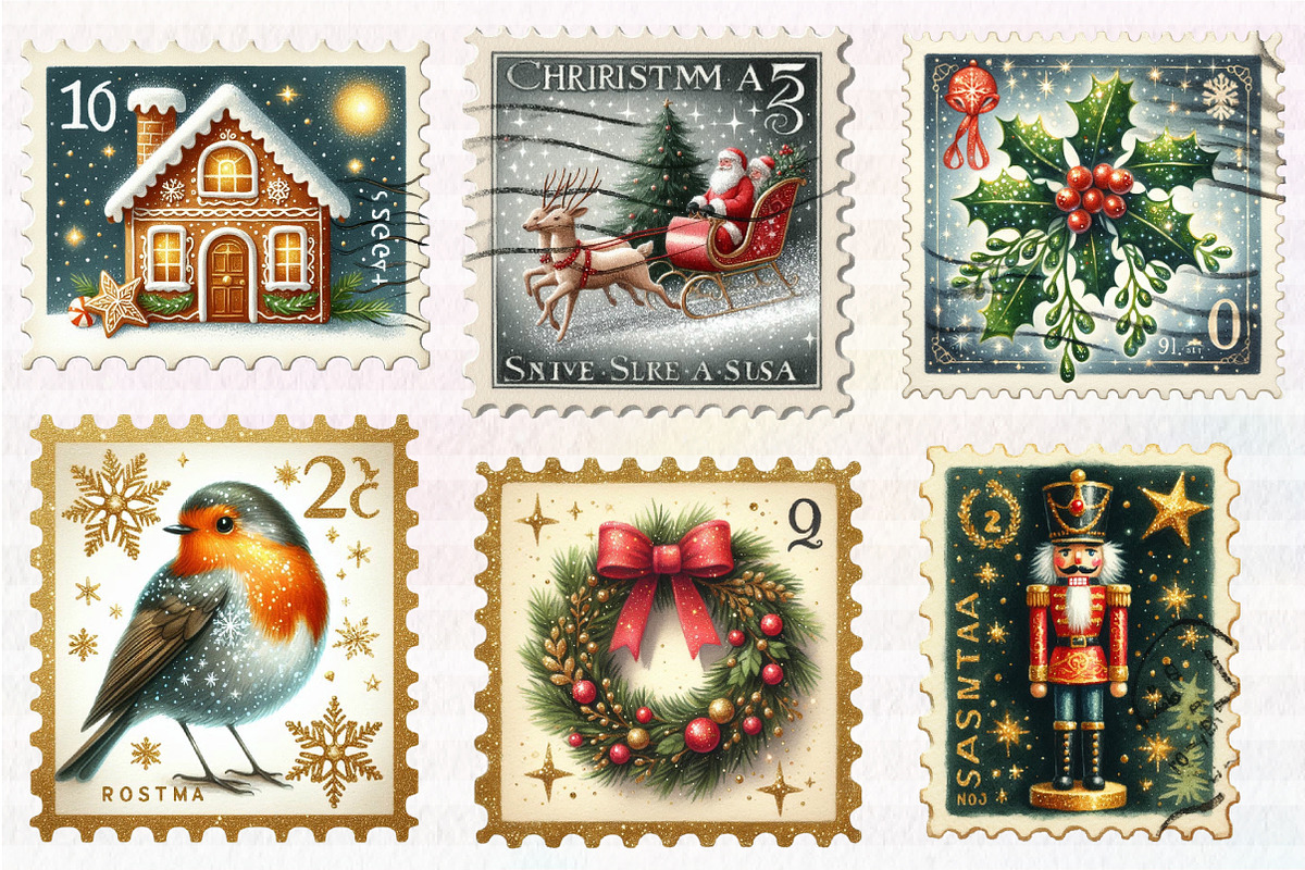 Vintage Christmas Postage Stamps PNG, an Illustration by CreationArt (Photo 3 of 5)