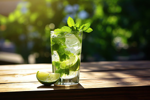 Alcoholic mojito with ice and mint on wooden table, a Food & Drink Photo by AlyaAnd