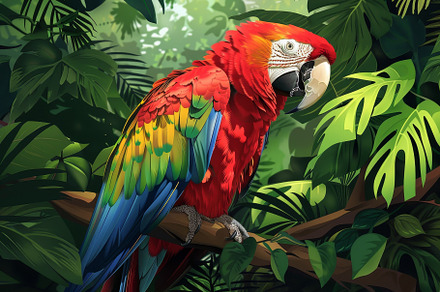 A colorful macaw rests on a branch s, a Photo by Tanuart