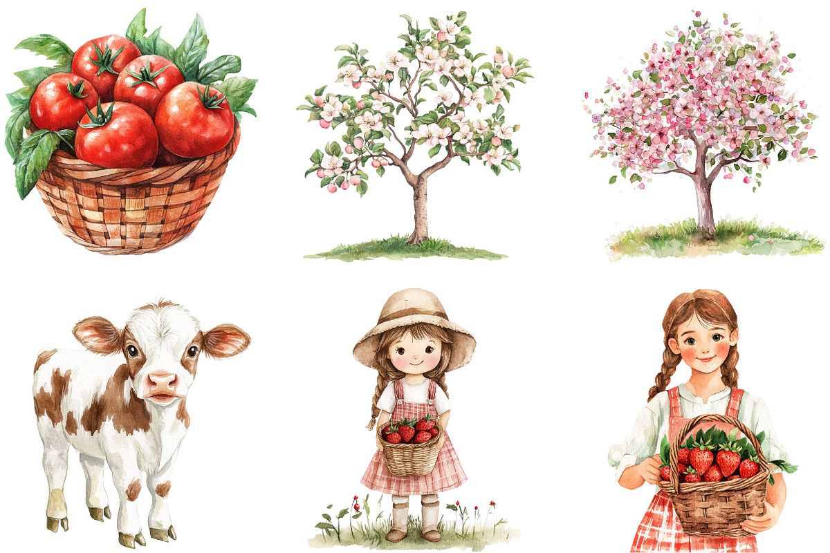 Watercolor Lovely Farm Clipart, an Illustration by Designking (Photo 3 of 5)