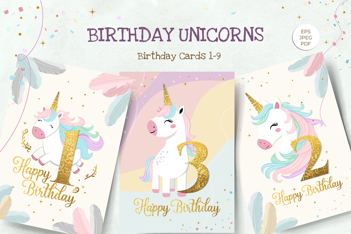 Unicorn Party Cards. Happy Birthday, an Illustration by Hanna's ArtLab (Photo 1 of 3)