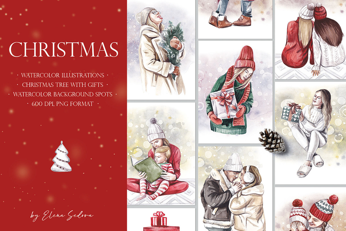 FAMILY CHRISTMAS watercolor clipart, an Illustration by Elena_Sedova (Photo 1 of 8)