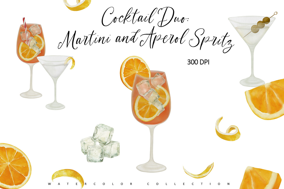 Martini & Aperol Spritz Watercolor, a Food Illustration by Sunshine Art (Photo 1 of 6)