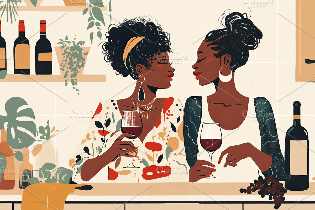 Two friends enjoying red wine in a cozy and stylish kitchen setting, an Illustration by AS photostudio