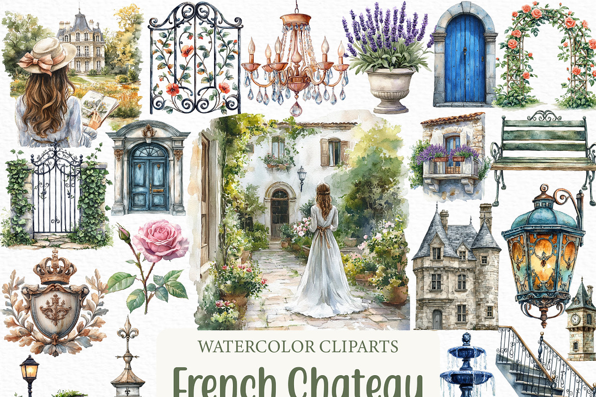 French Chateau Watercolor Clipart, an Illustration by Craft Nest (Photo 1 of 6)