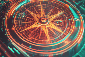 A close-up view of a futuristic compass design with glowing orange and teal ele, an Industrial Photo by Textures & Backgrounds