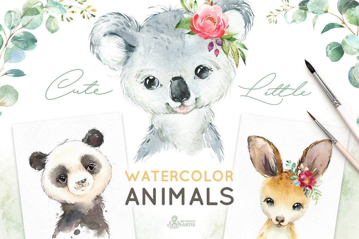 Cute Little Watercolor Animals, an Animal Illustration by OctopusArtis (Photo 1 of 9)