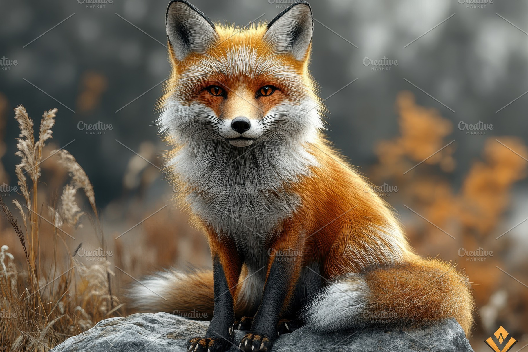Vibrant red fox rests on a rock in a, a Photo by Tanuart