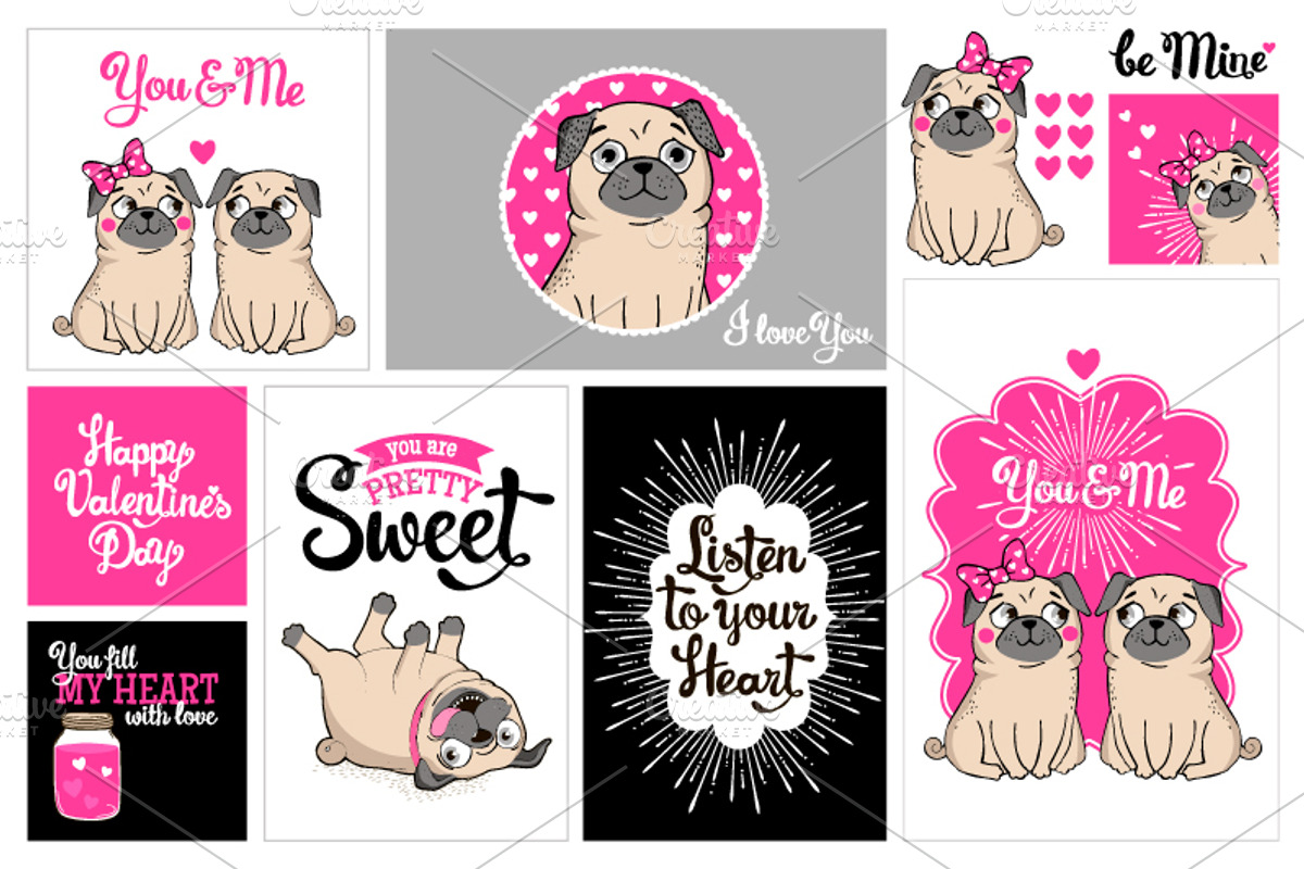 VALENTINE'S DAY vector set with pugs, an Illustration by Martyshova (Photo 2 of 5)