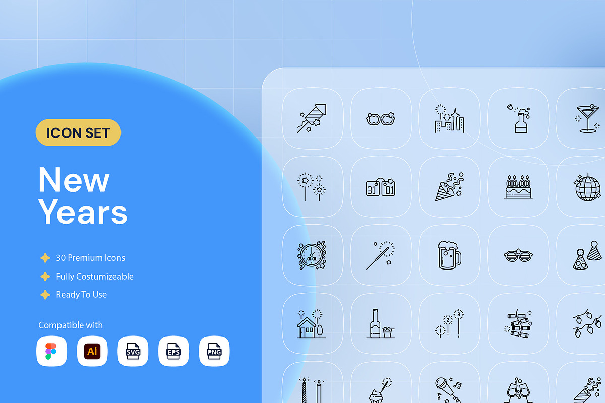 New Years Icon Set, an Outline Icon by Nathaya Studio (Photo 1 of 2)