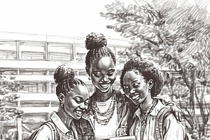 Three young students smiling together on campus with their backpacks and notebo, an Illustration by AS photostudio