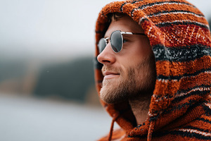 Man in a colorful hippie hoodie and, a Person Photo by MistyDay