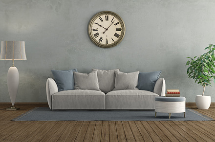 Classic style living with gray sofa on blue wall, an Architecture Photo by Archideaphoto