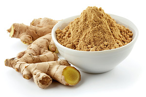 Ground dry ginger in bowl isolated on white background, a Food & Drink Photo by AlyaAnd