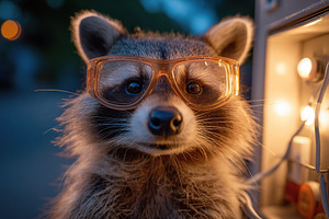 Raccoon in glasses caught stealing gadgets outdoors during the night, an Animal Photo by AlyaAnd