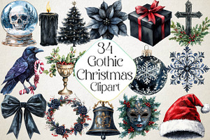Watercolor Gothic Christmas Clipart, an Illustration by DreamPrint404