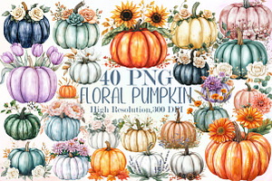 Watercolor Floral Pumpkin Clipart Se, an Illustration by Sublimation Artist