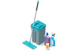 Isometric cleaning set with mop, an Object Illustration by Golden Sikorka