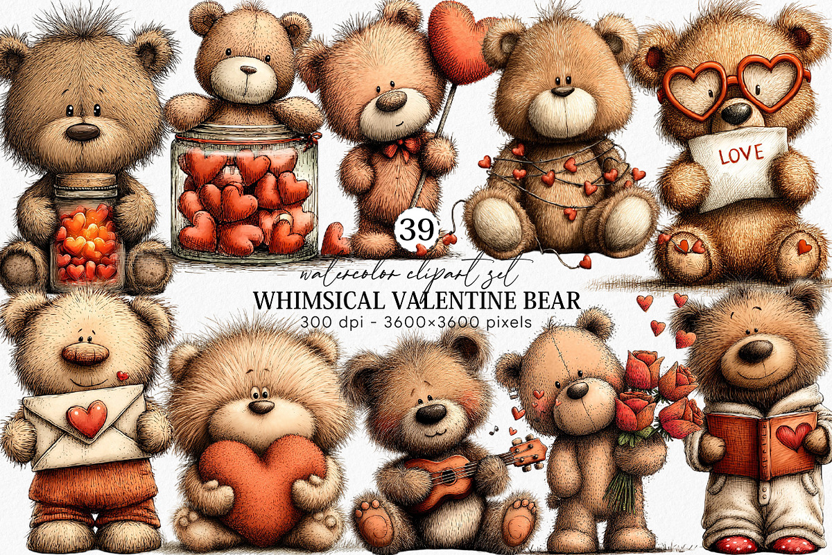 Whimsical Valentine Bear Clipart, an Illustration by Canvas Craft (Photo 1 of 6)