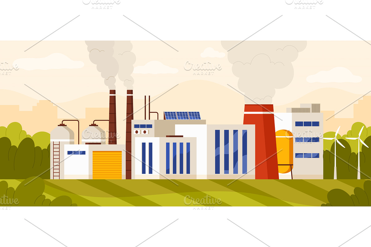 Modern Factory With Smokestacks And, an Illustration by Flashvector