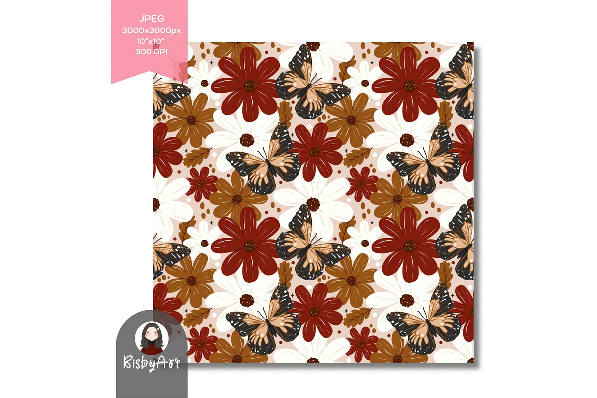 Boho Fall Butterfly Flowers Pattern, a Pattern Graphic by KisbyArt (Photo 3 of 3)