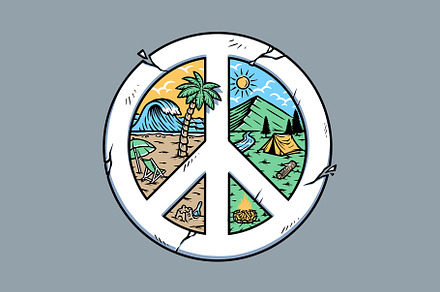 mountain and beach with peace symbol