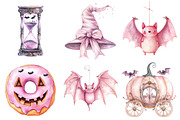 Watercolor Pink Halloween Clipart, a Seasonal Illustration by CitraGraphics (Thumbnail 3 of 6)