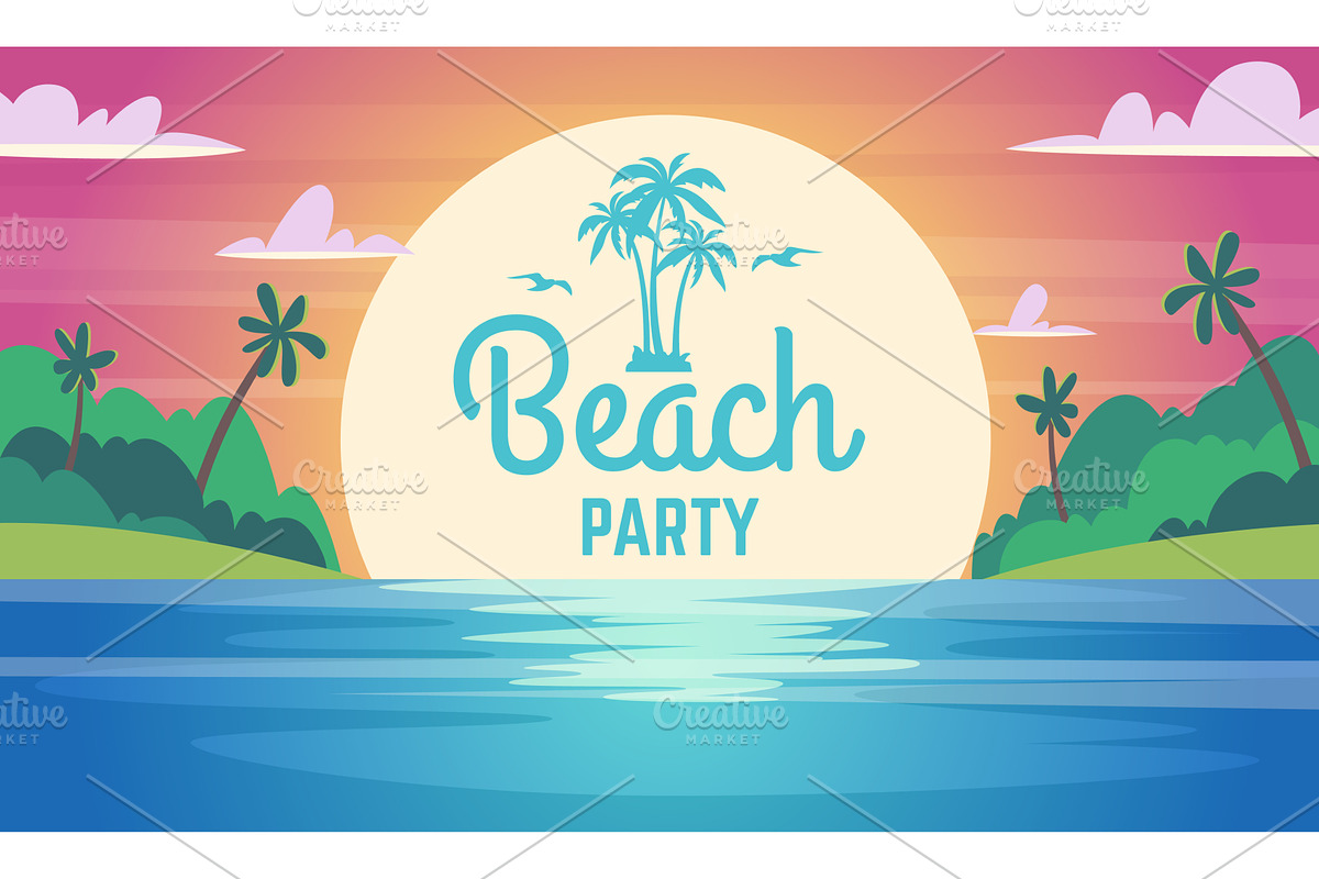 Cartoon sunset. beach party poster, an Illustration by Onyx