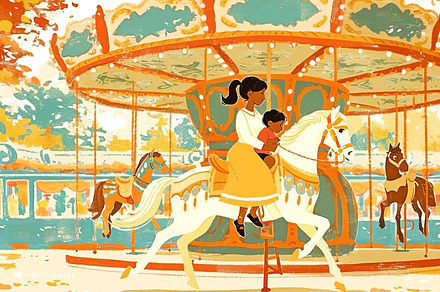 Mother and child enjoying a joyful carousel ride at the park, an Illustration by AS photostudio