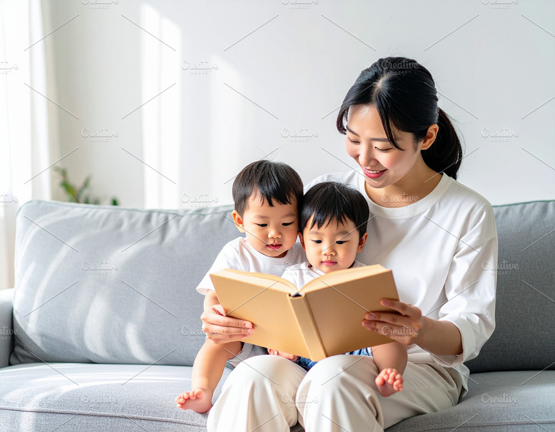 Mother reading a picture book to two young children on a cozy so, a Person Photo by DanFLCreativo