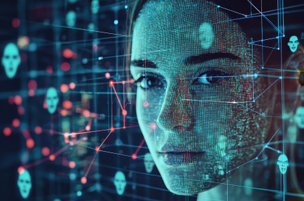 Woman interacts with digital interfa, a Photo by Tanuart