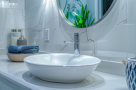 New bathroom with modern sink and mirror, a Beauty & Fashion Photo by AlyaAnd