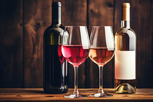 Bottles and glasses of red and white wine on wooden background, a Food & Drink Photo by AlyaAnd