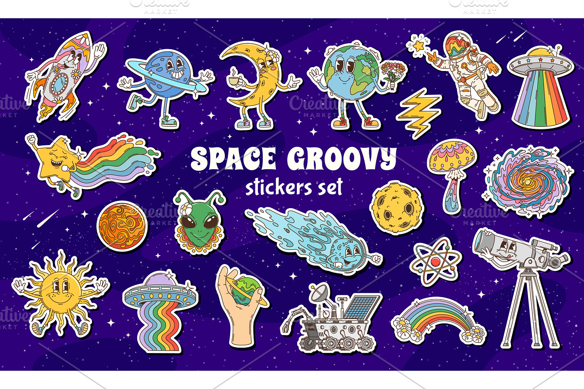 Cartoon groovy space stickers, a Technology Illustration by Vector Tradition