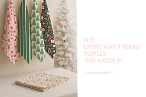Five Christmas theme towels PSD, a Household Mockup by jenartstudio