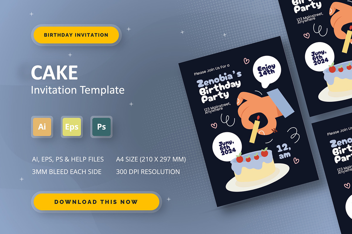 Cake - Birthday Invitation, an Invitation Template by StreaksideStd