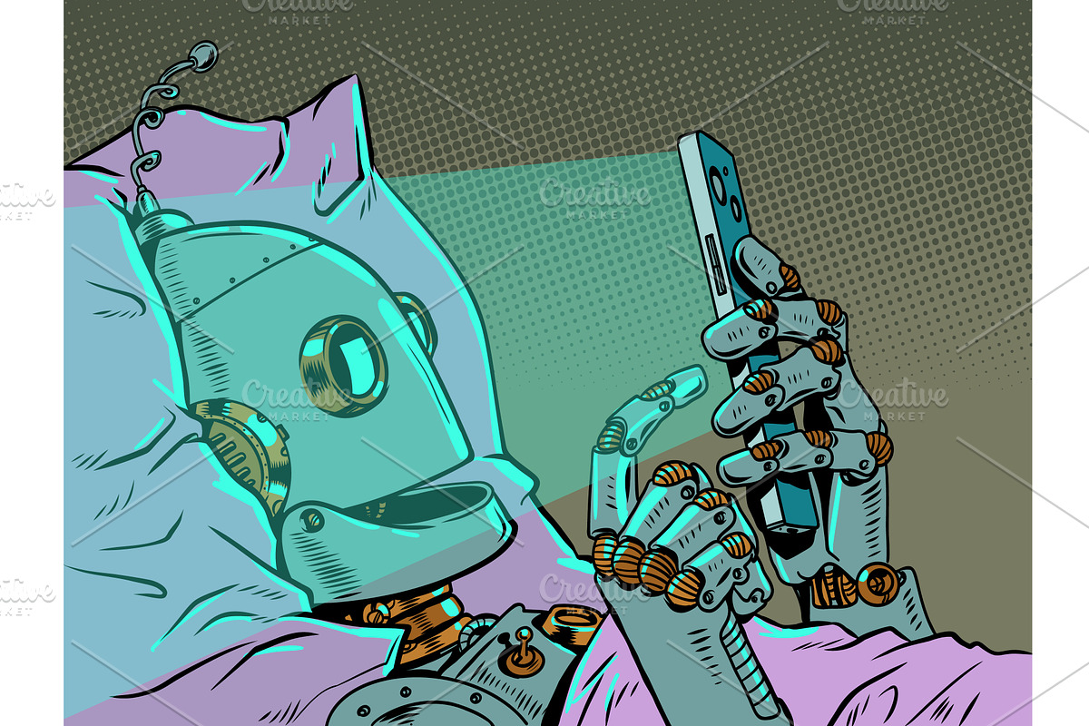 Pop Art Retro A robot in bed staring, a Technology Illustration by studiostoks