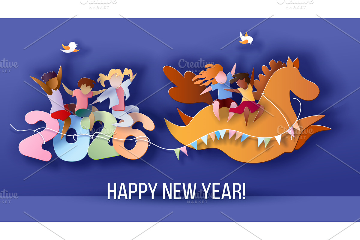 Children riding horse new year 2026, a Person Illustration by Valenty